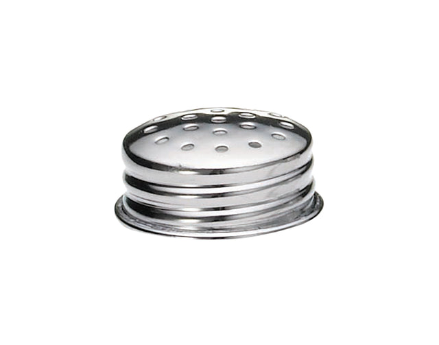 A shiny, round stainless steel shaker lid with evenly spaced holes on top and three horizontal grooves around its sides, photographed against a white background. Ideal as replacement shaker tops and dishwasher safe for easy cleaning.