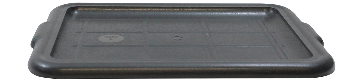 A black, rectangular plastic Tote Box Cover with rounded edges, faint grid lines, and small circular indents. Featuring two side handles and a round label near one corner, this NSF-certified lid is also dishwasher safe for easy cleaning.
