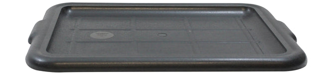 A black, rectangular plastic Tote Box Cover with rounded edges, faint grid lines, and small circular indents. Featuring two side handles and a round label near one corner, this NSF-certified lid is also dishwasher safe for easy cleaning.