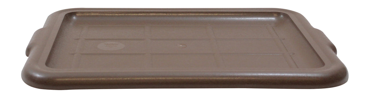 A brown rectangular Tote Box Cover with raised edges and slightly rounded corners, shown from a close, low angle. The lid features a subtle grid pattern, two wide handles on the short sides, and is dishwasher safe. The background is white.