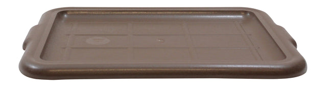 A brown rectangular Tote Box Cover with raised edges and slightly rounded corners, shown from a close, low angle. The lid features a subtle grid pattern, two wide handles on the short sides, and is dishwasher safe. The background is white.