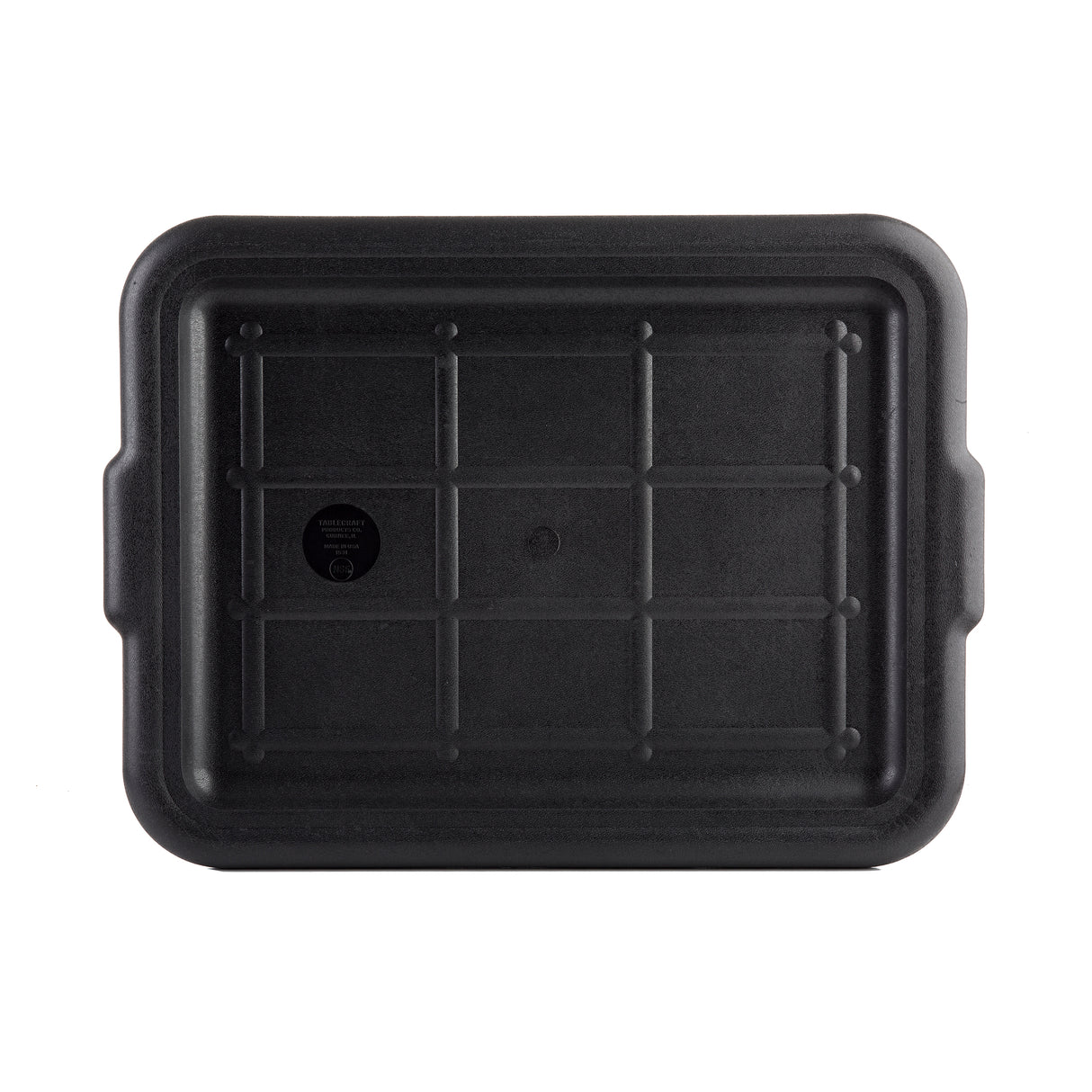A rectangular, black plastic Tote Box Cover with raised edges and a grid pattern on top, featuring two side handles for easy gripping. The NSF-certified lid has a slight matte texture and a small circular label near one corner.