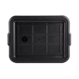A rectangular, black plastic Tote Box Cover with raised edges and a grid pattern on top, featuring two side handles for easy gripping. The NSF-certified lid has a slight matte texture and a small circular label near one corner.