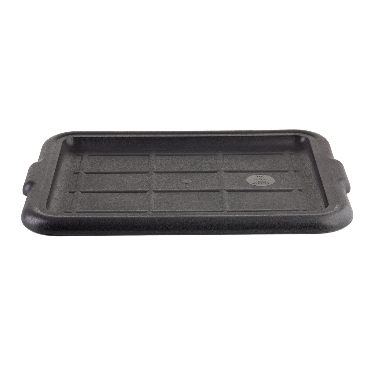 A rectangular black plastic Tote Box Cover with rounded corners and two small handles on the shorter sides. The lid features a raised edge, textured surface, embossed grid lines, a circular recycling symbol, and is dishwasher safe.