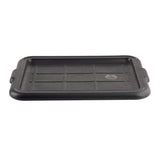 A rectangular black plastic Tote Box Cover with rounded corners and two small handles on the shorter sides. The lid features a raised edge, textured surface, embossed grid lines, a circular recycling symbol, and is dishwasher safe.