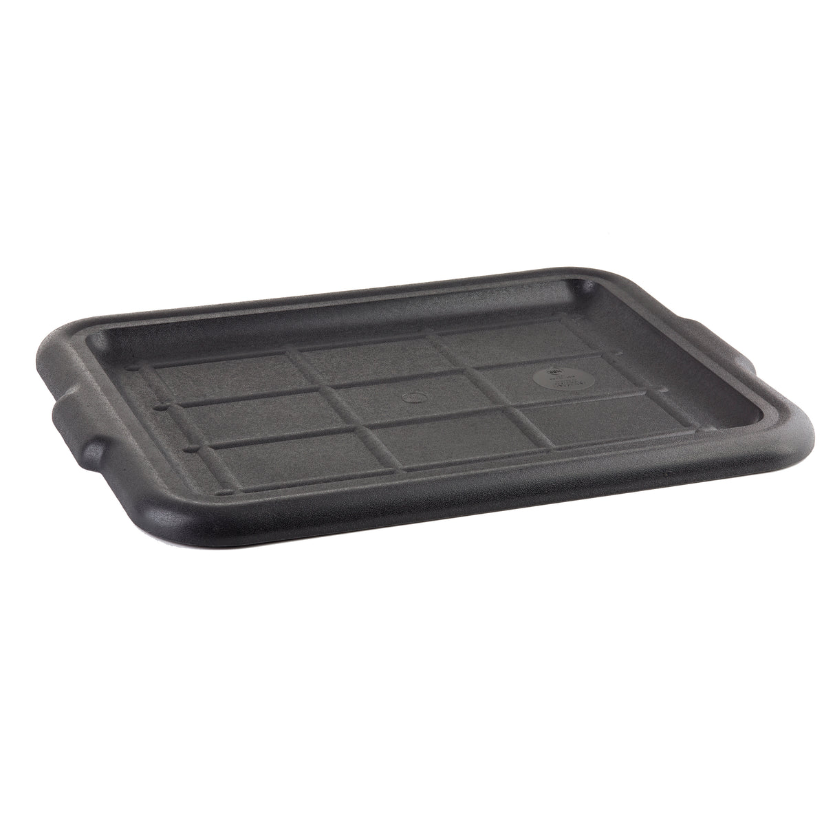 A rectangular, black plastic Tote Box Cover with slightly raised edges and molded handles on both short sides. The NSF-certified lid features a grid-like pattern, small circular markings at the center, and is dishwasher safe. Photographed against a white background.