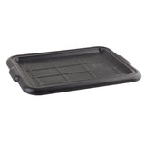 A rectangular, black plastic Tote Box Cover with slightly raised edges and molded handles on both short sides. The NSF-certified lid features a grid-like pattern, small circular markings at the center, and is dishwasher safe. Photographed against a white background.