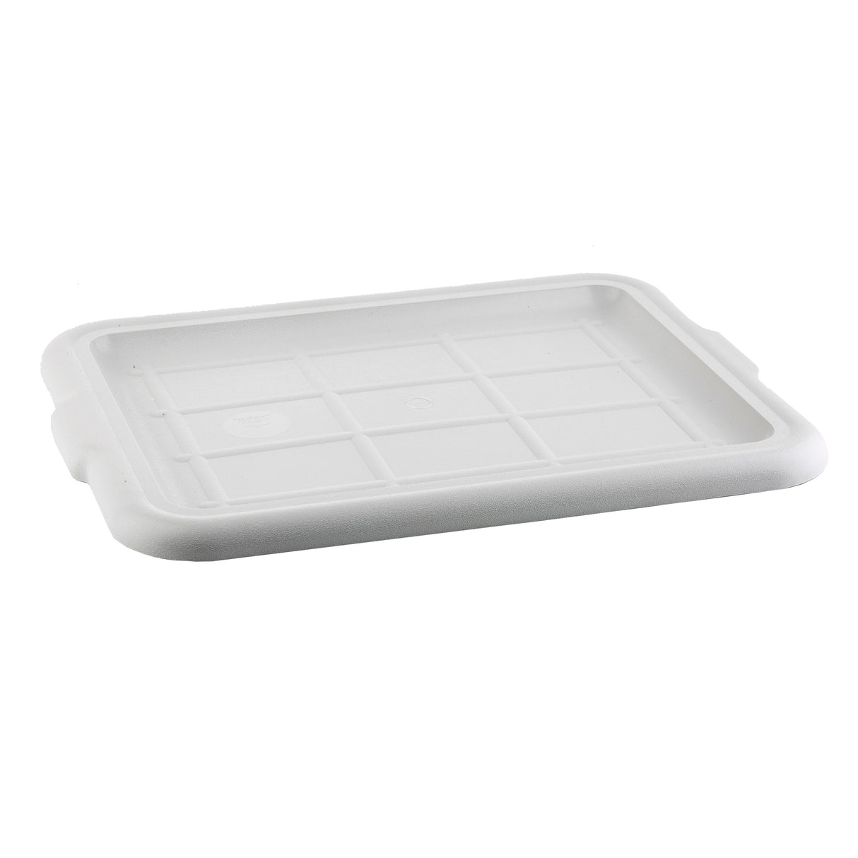 A white rectangular plastic Tote Box Cover with rounded edges and small raised rectangles, viewed from an angle against a plain white background. The NSF-certified lid is dishwasher safe, featuring a slightly textured surface and extended side grips.