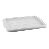 A white rectangular plastic Tote Box Cover with rounded edges and small raised rectangles, viewed from an angle against a plain white background. The NSF-certified lid is dishwasher safe, featuring a slightly textured surface and extended side grips.