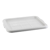 A white rectangular plastic Tote Box Cover with rounded edges and small raised rectangles, viewed from an angle against a plain white background. The NSF-certified lid is dishwasher safe, featuring a slightly textured surface and extended side grips.