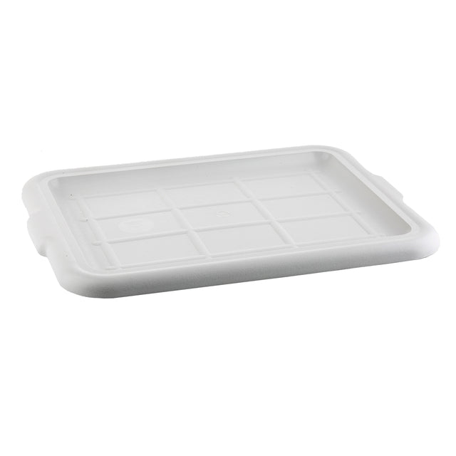 A white rectangular plastic Tote Box Cover with rounded edges and small raised rectangles, viewed from an angle against a plain white background. The NSF-certified lid is dishwasher safe, featuring a slightly textured surface and extended side grips.