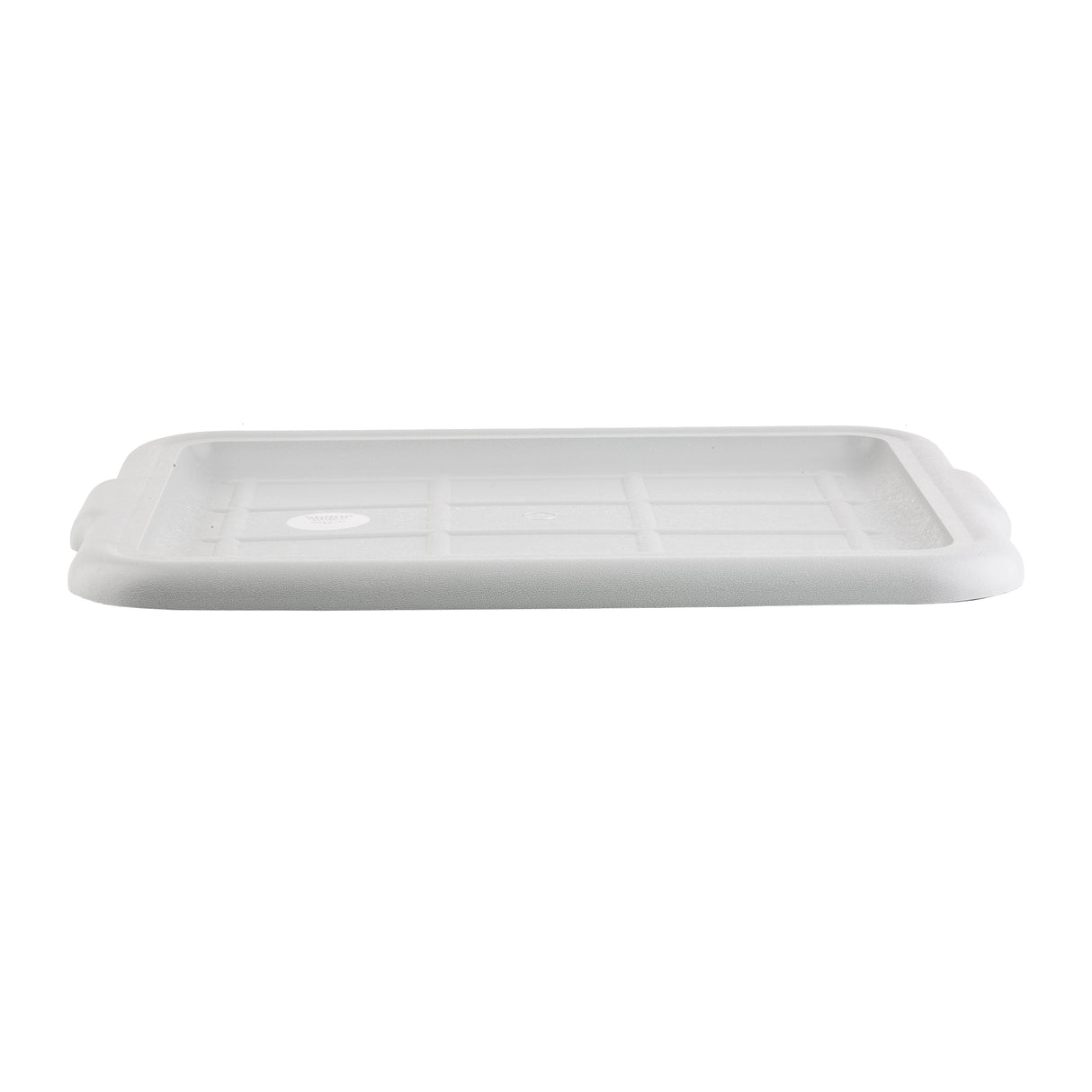 A rectangular, flat, light gray Tote Box Cover with slightly raised edges and small handles on each short side. NSF certified and dishwasher safe, the lid features a grid-like pattern and a small round sticker in the center. Photographed on a white background.