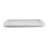 A rectangular, flat, light gray Tote Box Cover with slightly raised edges and small handles on each short side. NSF certified and dishwasher safe, the lid features a grid-like pattern and a small round sticker in the center. Photographed on a white background.