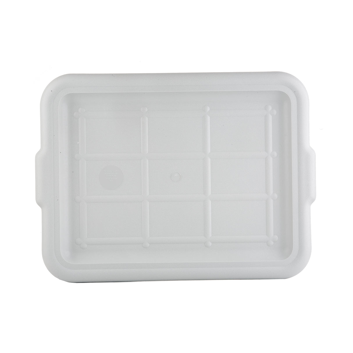 A rectangular, white plastic tray with raised edges and a grid pattern embossed on the surface. This dishwasher safe tray features two small side handles, a smooth matte finish, and a simple, utilitarian design.