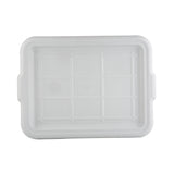 A rectangular, white plastic tray with raised edges and a grid pattern embossed on the surface. This dishwasher safe tray features two small side handles, a smooth matte finish, and a simple, utilitarian design.