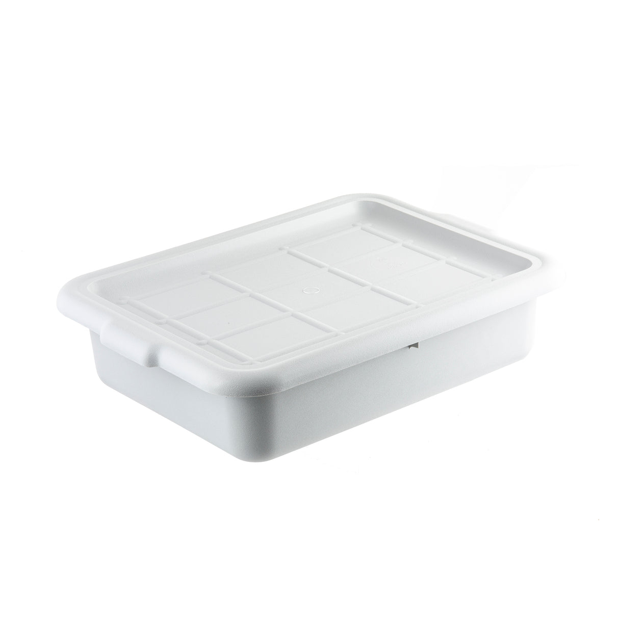 A rectangular white plastic storage container with a fitted Tote Box Cover, shown on a plain white background. NSF certified and dishwasher safe, the lid features a slightly raised grid pattern and fits securely over the smooth, rounded container.