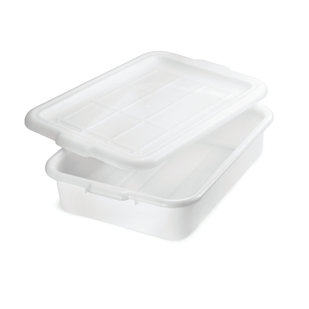 A translucent white plastic storage container with a slightly raised grid-patterned lid, shown partially open and resting on the rectangular base. This FDA approved food storage cover is empty and sits on a plain white background.