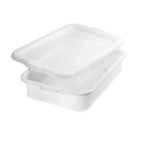 A translucent white plastic storage container with a slightly raised grid-patterned lid, shown partially open and resting on the rectangular base. This FDA approved food storage cover is empty and sits on a plain white background.