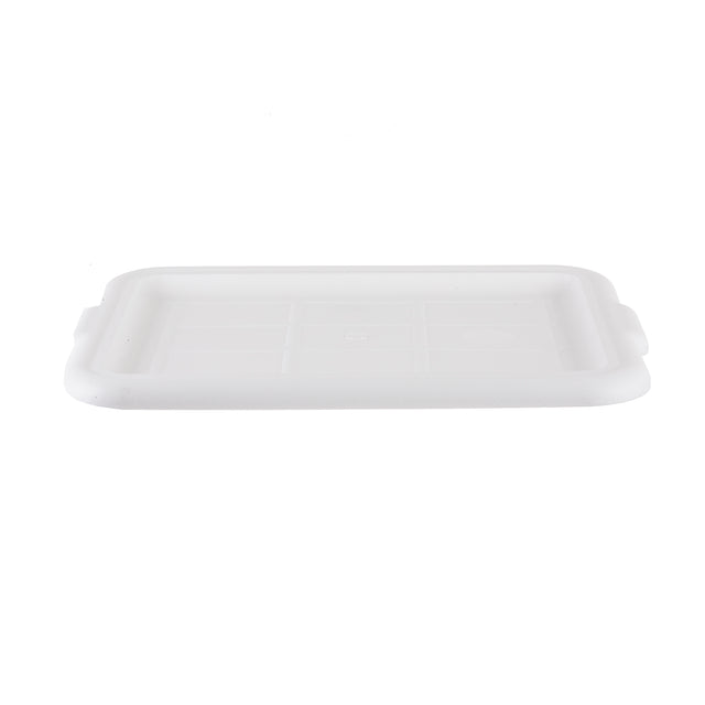 A white, rectangular Tote Box Cover with slightly raised edges and small handles on both shorter sides, shown against a plain background. The lid features a faint grid pattern on its surface and is dishwasher safe for easy cleaning.