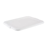 A plain, rectangular white plastic Tote Box Cover with slightly rounded corners and raised edges, photographed on a white background. The lid features subtle grooves and indents for secure fitting onto a compatible container and is dishwasher safe.