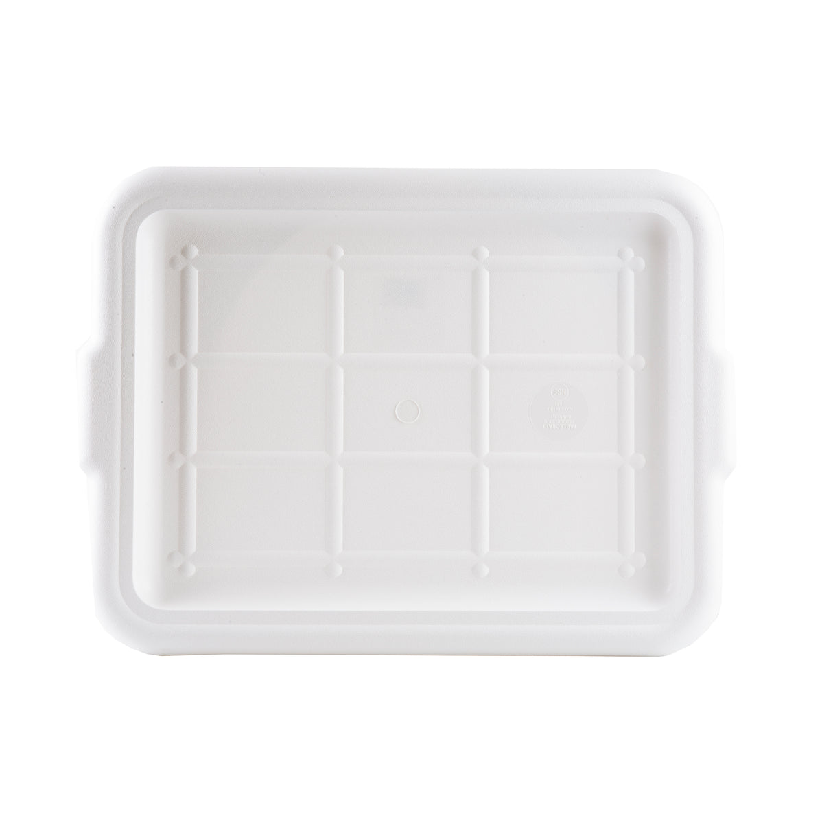A rectangular, white Tote Box Cover lid is shown from above. The surface features a grid pattern with raised lines and a recessed central panel. The edges are slightly rounded, small handles are visible on the sides, and it is dishwasher safe.
