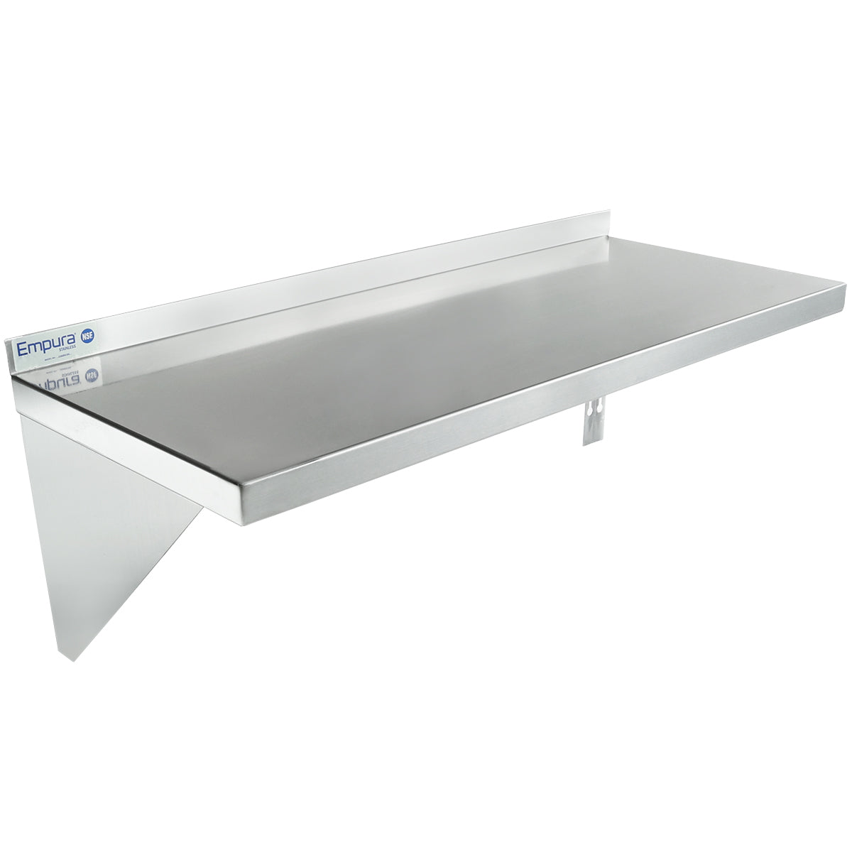 A stainless steel wall-mounted shelf with NSF certification, angled support brackets, and a raised back edge. The brand name Empura appears on the left side. This modern wall mount storage shelf is ideal for kitchens or storage areas.