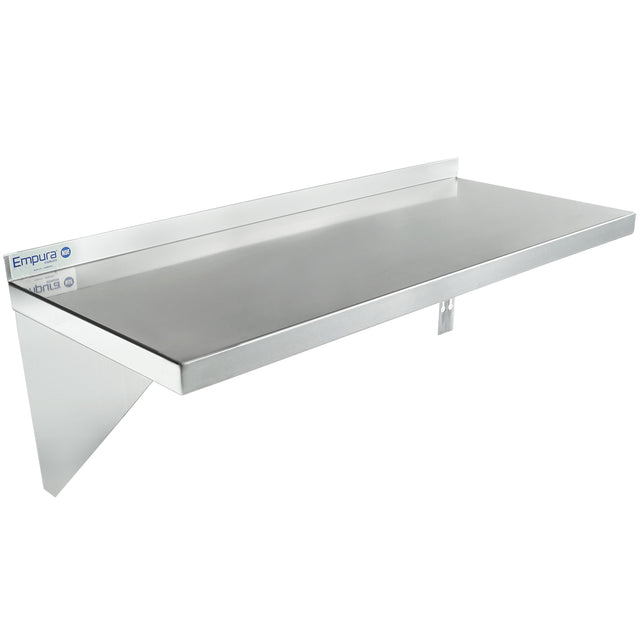 A stainless steel wall-mounted shelf with NSF certification, angled support brackets, and a raised back edge. The brand name Empura appears on the left side. This modern wall mount storage shelf is ideal for kitchens or storage areas.