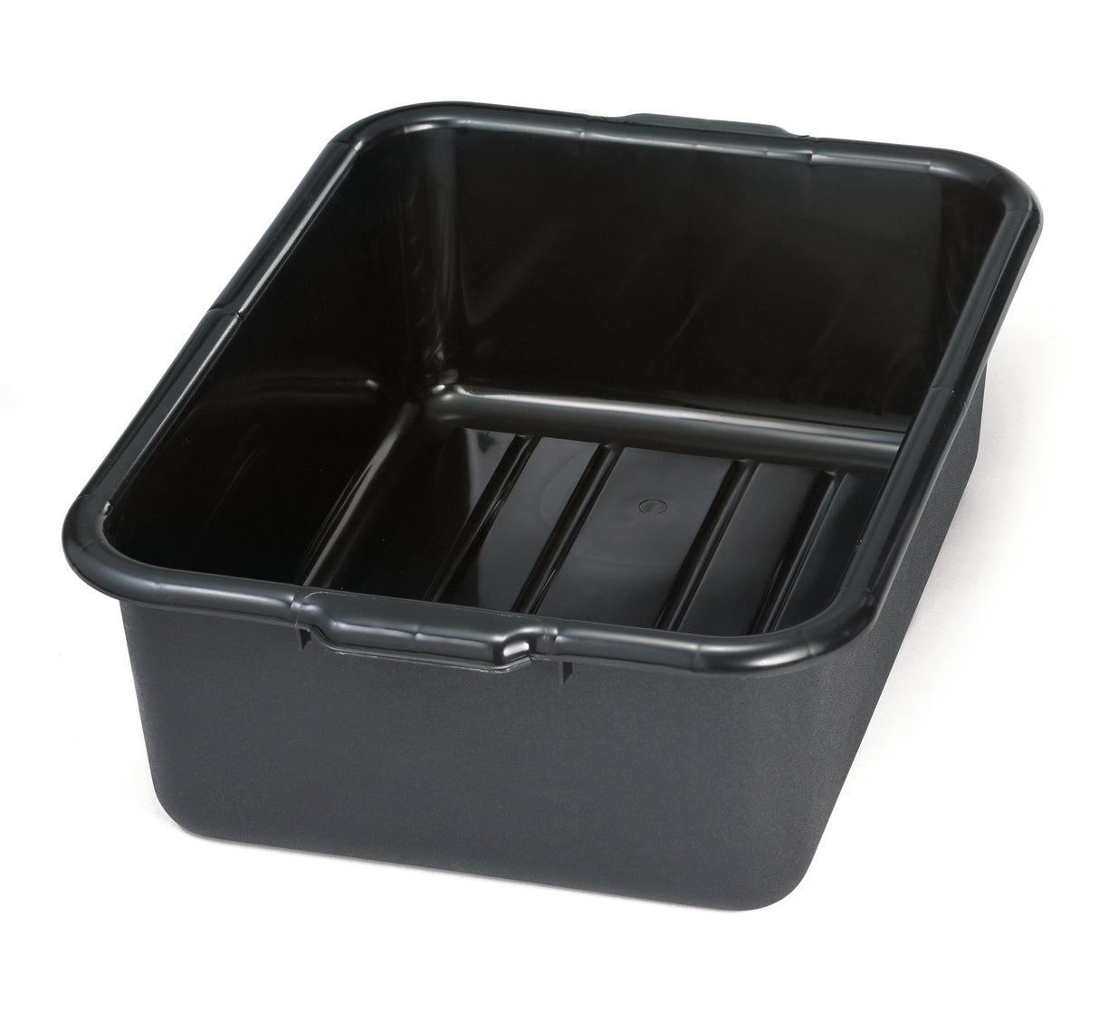 A large, rectangular, black plastic tote box with smooth sides and slightly rounded corners. The interior has three raised ridges on the bottom. Stackable and empty, the bin is shown on a plain white background.