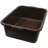 A rectangular, deep, dark brown plastic tote box with smooth sides and slightly rounded corners. The bin has a flat bottom with shallow ridges, small handles on each short end, and glossy, unadorned surfaces. This stackable bin is ideal for storage.