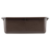 A rectangular, dark brown stackable tote box with smooth sides and slightly rounded corners, shown from the side against a white background. The container’s top edge has a small outward lip.