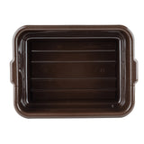A rectangular, deep brown plastic tote box viewed from above. The bin has slightly rounded corners, two side handles, and ribbed lines for reinforcement. Stackable and featuring smooth edges; there is no lid present.