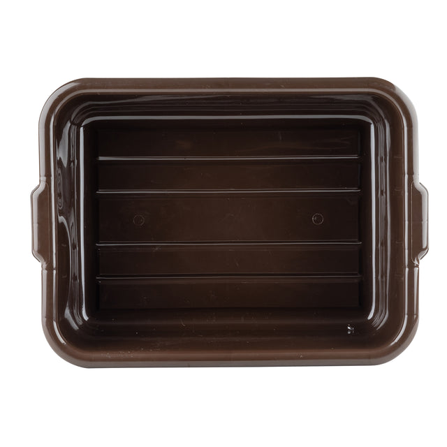 A rectangular, deep brown plastic tote box viewed from above. The bin has slightly rounded corners, two side handles, and ribbed lines for reinforcement. Stackable and featuring smooth edges; there is no lid present.