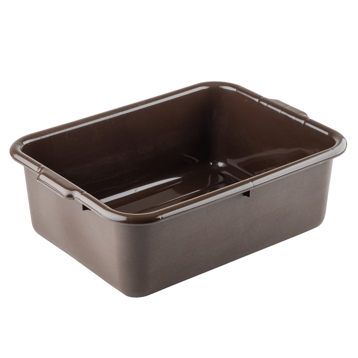 A rectangular, deep brown plastic tote box with smooth sides, rounded corners, and a slightly glossy finish. It has small handles on the short ends, is stackable, and sits empty on a plain white background.