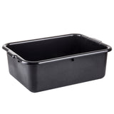 A large, rectangular black plastic tote box with rounded edges and slightly tapered sides. The stackable tub has integrated handles on each short end and a smooth, matte finish. It appears empty and is set against a plain white background.