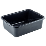 A large, rectangular, black plastic tote box with rounded edges and reinforced sides. The stackable tub is empty, showing its smooth interior and slight sheen. It is photographed against a plain white background.
