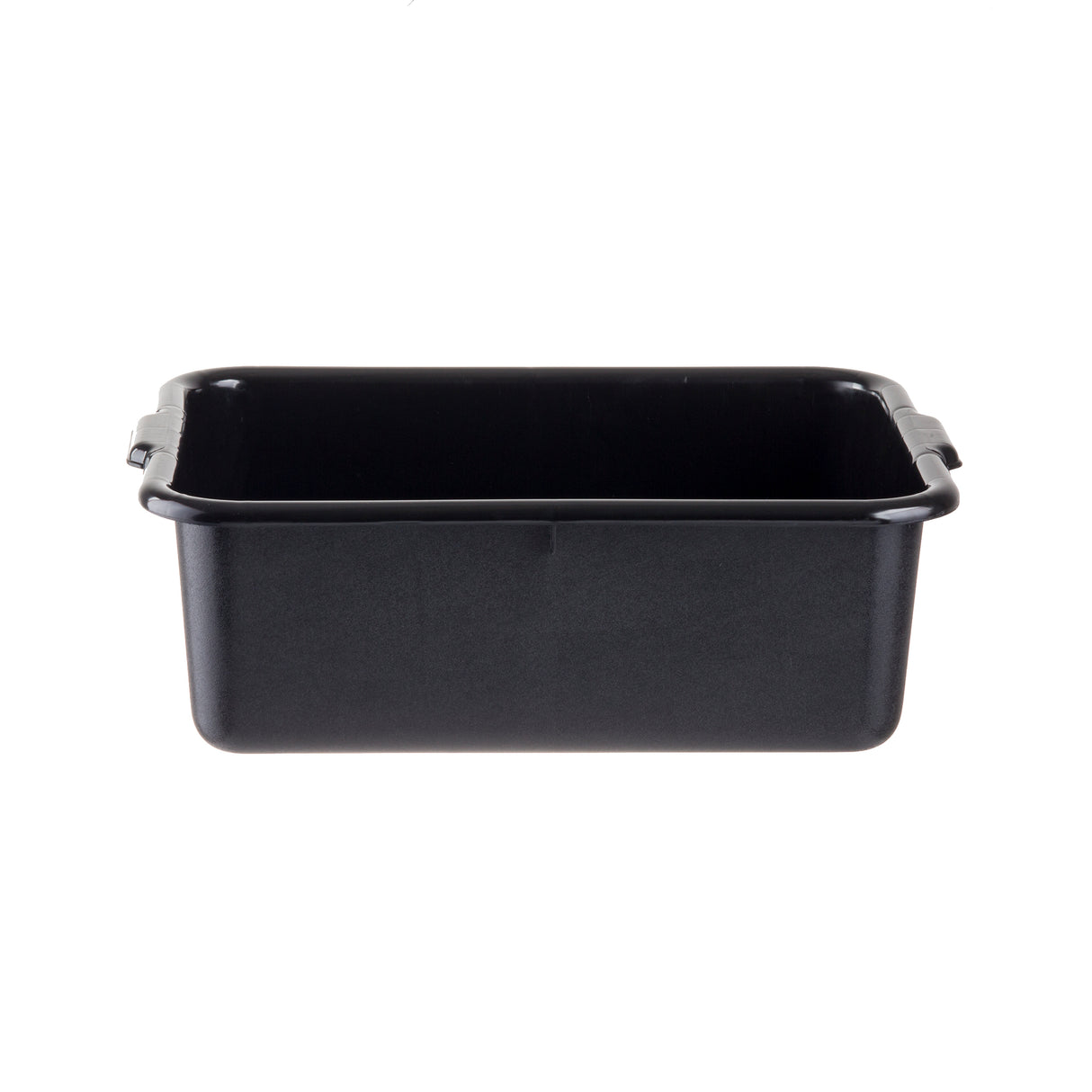 A rectangular, deep black baking pan with straight sides and slightly rounded edges, featuring small handles on each end. This stackable pan is empty and placed against a plain white background.