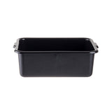 A rectangular, deep black baking pan with straight sides and slightly rounded edges, featuring small handles on each end. This stackable pan is empty and placed against a plain white background.