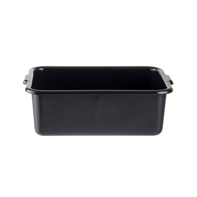 A rectangular, deep black baking pan with straight sides and slightly rounded edges, featuring small handles on each end. This stackable pan is empty and placed against a plain white background.