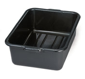 A black rectangular plastic tote box with slightly rounded corners, raised ridges on the bottom, and short side handles. The empty tub has a matte finish, is stackable, and sits on a white background.