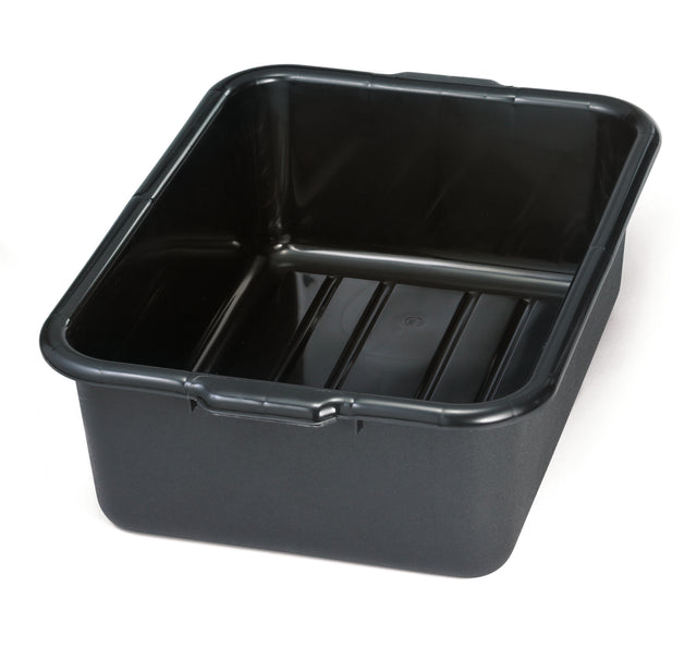 A black rectangular plastic tote box with slightly rounded corners, raised ridges on the bottom, and short side handles. The empty tub has a matte finish, is stackable, and sits on a white background.