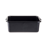 A rectangular, black baking pan with rounded edges and small side handles, placed on a plain white background. The metal pan is stackable and dishwasher safe, making it convenient for storage and easy cleaning.