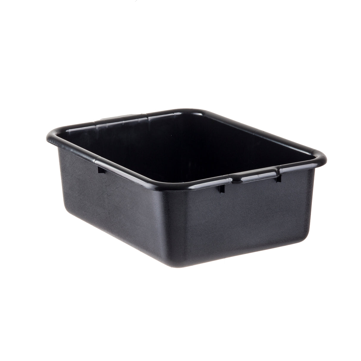 A black, rectangular plastic tote box with slightly rounded corners and a smooth surface, shown on a white background. The stackable bin is empty and angled to display both its side and interior.
