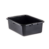 A black, rectangular plastic tote box with slightly rounded corners and a smooth surface, shown on a white background. The stackable bin is empty and angled to display both its side and interior.