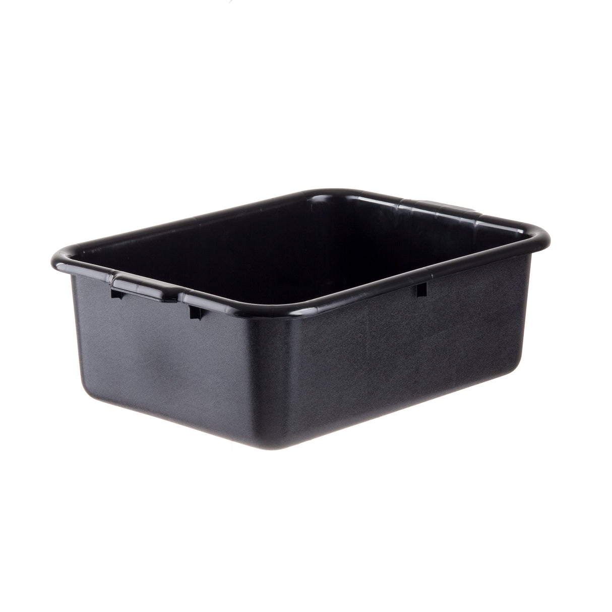 A rectangular black plastic tote box with rounded corners and smooth edges, shown on a white background. The empty bin has slightly raised sides, making it stackable and suitable for storage or utility purposes.