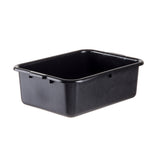 A rectangular black plastic tote box with rounded corners and smooth edges, shown on a white background. The empty bin has slightly raised sides, making it stackable and suitable for storage or utility purposes.