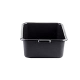 A black rectangular tote box made from high density polyethylene, with slightly rounded corners and a wide rim. Set against a plain white background, the bin is empty and viewed from the front, showing its open top and deep interior.