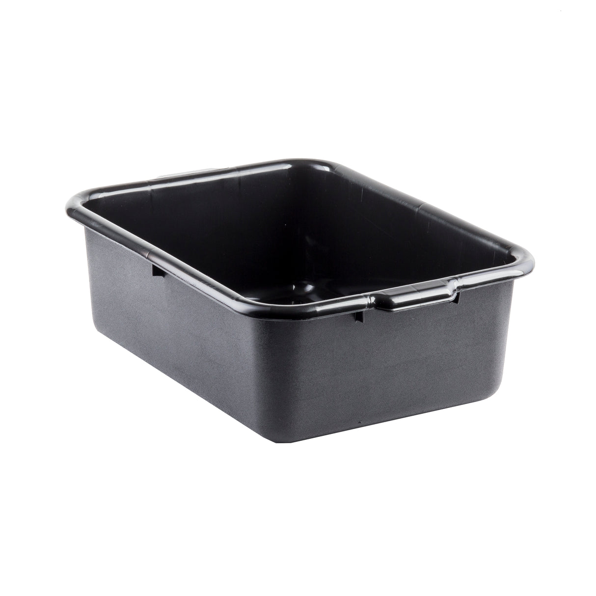 A black rectangular tote box made of high density polyethylene, with rounded corners and a reinforced rim. Shown empty on a white background, it features slight grooves and a small handle indentation on one side.