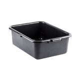 A black rectangular tote box made of high density polyethylene, with rounded corners and a reinforced rim. Shown empty on a white background, it features slight grooves and a small handle indentation on one side.