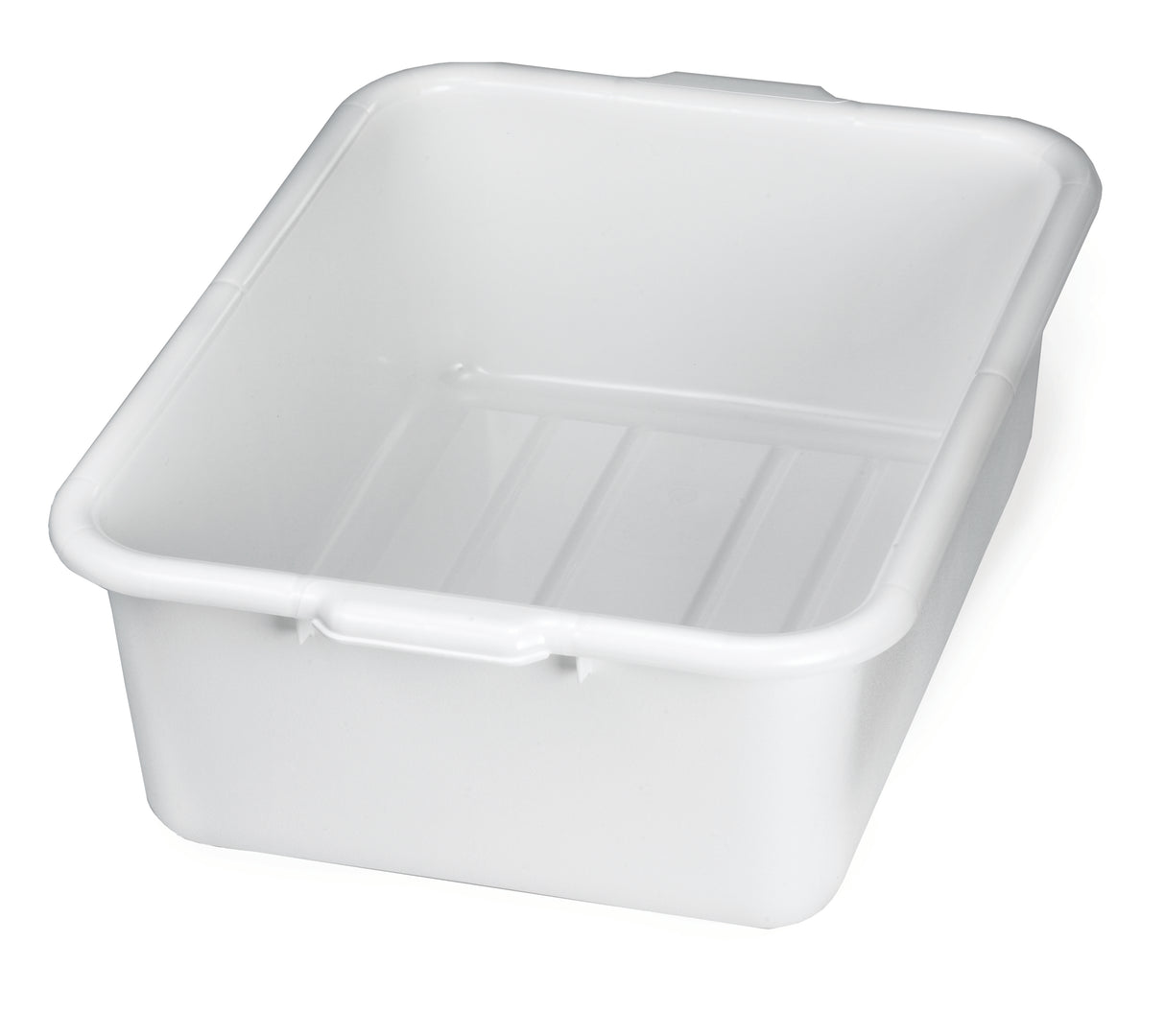 A large, white, rectangular tote box with slightly curved corners and a smooth finish. This stackable bin has small handles on the shorter sides and shallow depth. The interior base features a few raised ridges. The background is plain white.