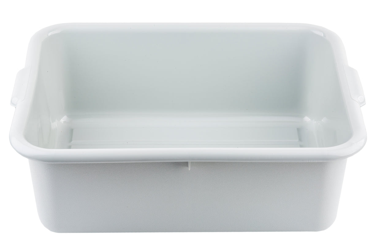 A rectangular, light gray plastic tote box with a smooth interior and rounded edges. Featuring small handles on each end, the stackable tub has slightly flared sides and is dishwasher safe. It's empty and set against a plain white background.